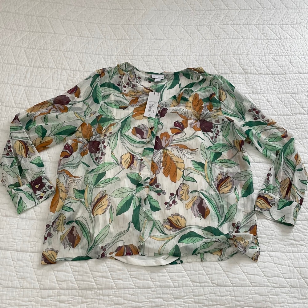 Liz Claiborne Crema Floral Metallic Stripe V-Neck Blouse XL NWT